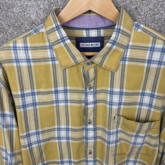 32 Bar Blues Mens XXL Cotton Twill Long Sleeve Button Yellow Tartan Plaid - Picture 1 of 7